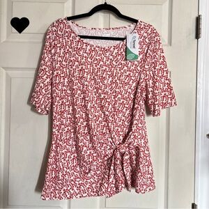 Lands End Tie Front Blouse Cotton Tencel Red White Patterned Short Sleeve Top